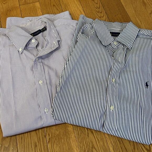 Two Ralph Lauren Polo Button Down Striped Dress Shirt Size‎ 16.5 42 Purple/ Blue - Picture 1 of 9